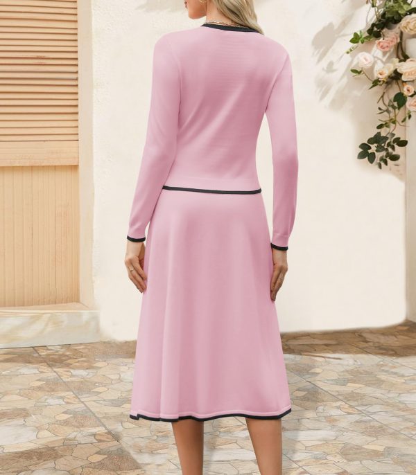 Women's Two Piece Skirt Sets Dressy Casual Knit Long Sleeve Button Crewneck Tops and Midi Dresses Matching Set Fall Outfits