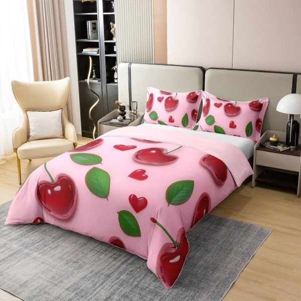 71eU9ov3JaL.jpg 3D Cartoon Cherry Kids Duvet Cover 100% Cotton Queen Size,Botanical Leaves Love Heart Bedding Set for Girls Women,Tropical Fruit