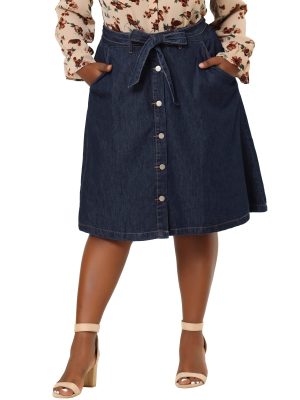 Plus Size Women's Denim Skirts Tie Waist A-Line with Pockets Midi Summer Jeans Skirts