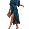 Women's High Waist Belted Shirt Dress High Split Printed Collar Neck Short Sleeve Midi Dress