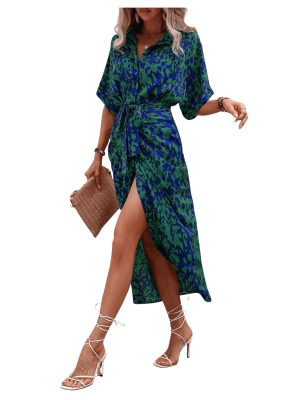 Women's High Waist Belted Shirt Dress High Split Printed Collar Neck Short Sleeve Midi Dress