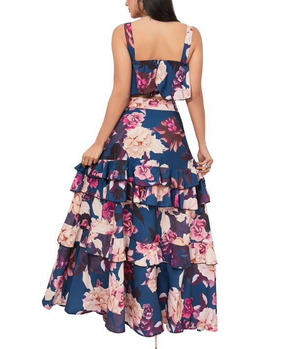 Women's Summer 2 Piece Outfits Floral Print Strap Crop Tops Tiered Ruffle Skirt Sets Maxi Long Dress