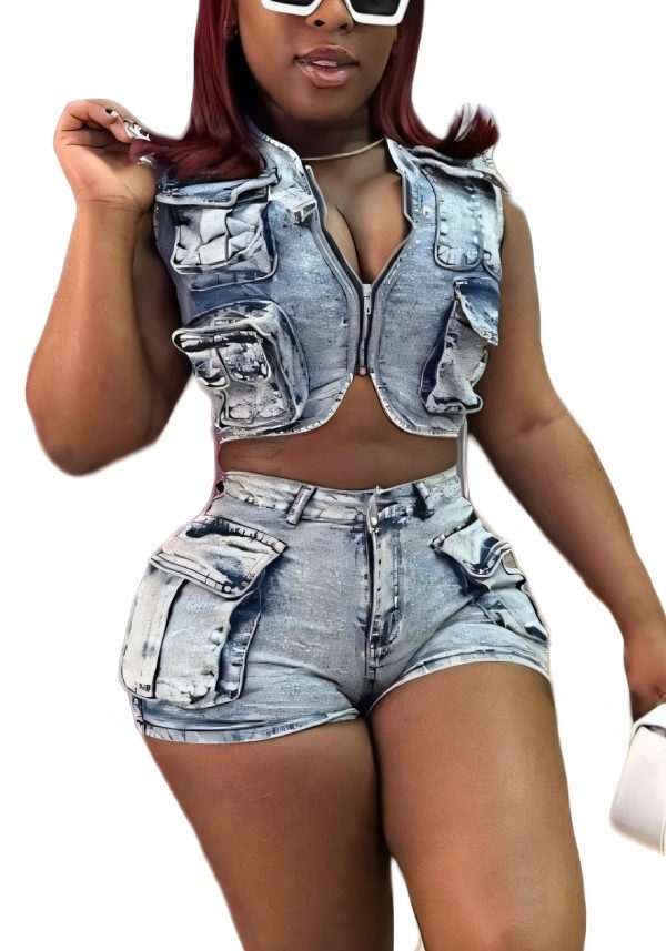 71et22ehaHL.jpg Denim Outfits for Women's 2 Piece Sets Summer Party & Club Cargo Vest Top and Stretchy Jean Shorts Sets 2025