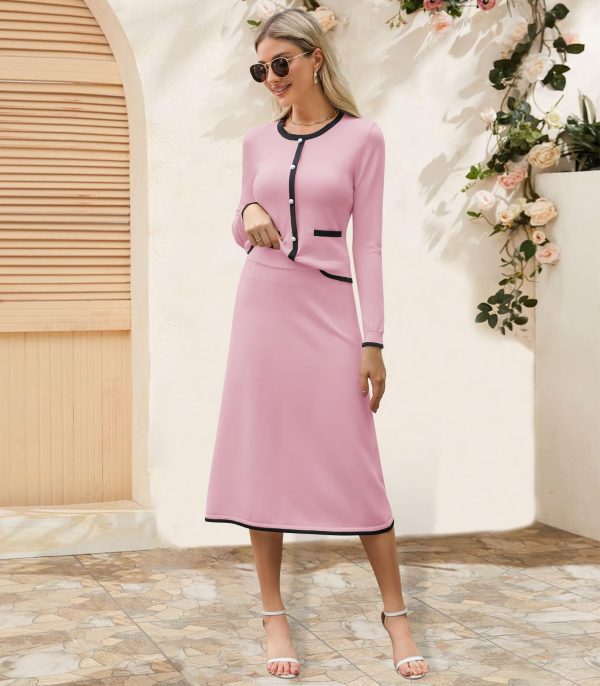 Women's Two Piece Skirt Sets Dressy Casual Knit Long Sleeve Button Crewneck Tops and Midi Dresses Matching Set Fall Outfits