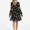 Women's Floral Chiffon Long Sleeve Mini Dress Flowy A-Line Wrap Neck Tie Back Short Dress