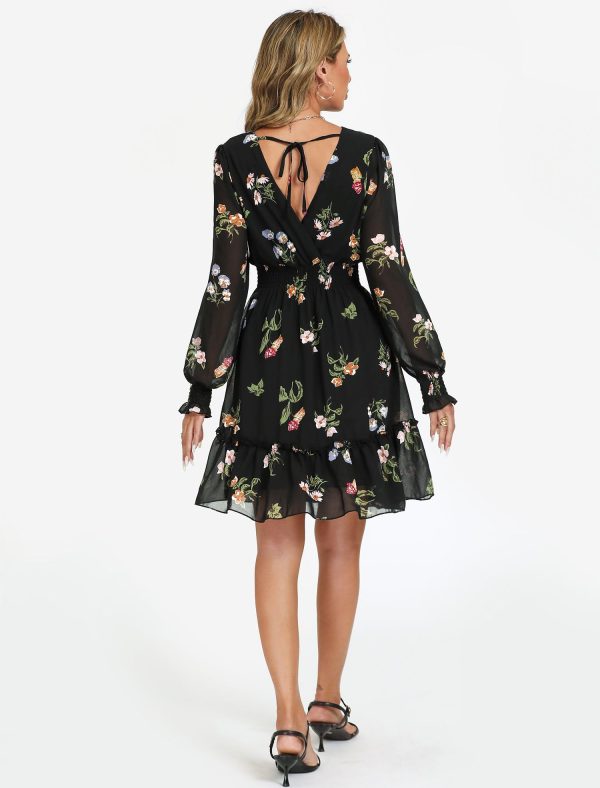 Women's Floral Chiffon Long Sleeve Mini Dress Flowy A-Line Wrap Neck Tie Back Short Dress