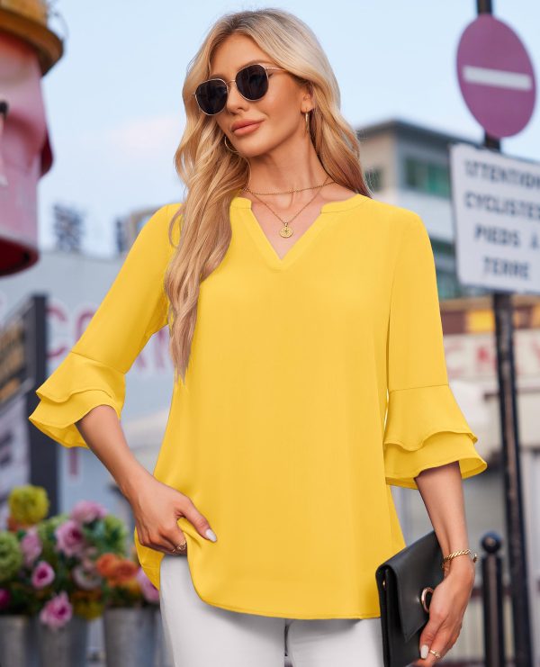 71iPzWxHscL.jpg Blouse for Women Dressy Casual Spring Summer 3/4 Ruffle Sleeve Tops Double Layered Business Casual Tunic Work Shirts