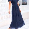 Women's Smocked Midi Tulle Dress 2025 Summer Puffy Short Sleeve Square Neck Ruffle Wedding Guest Party Dresses