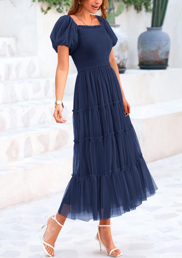 71ie71ODCrL.jpg Women's Smocked Midi Tulle Dress 2025 Summer Puffy Short Sleeve Square Neck Ruffle Wedding Guest Party Dresses
