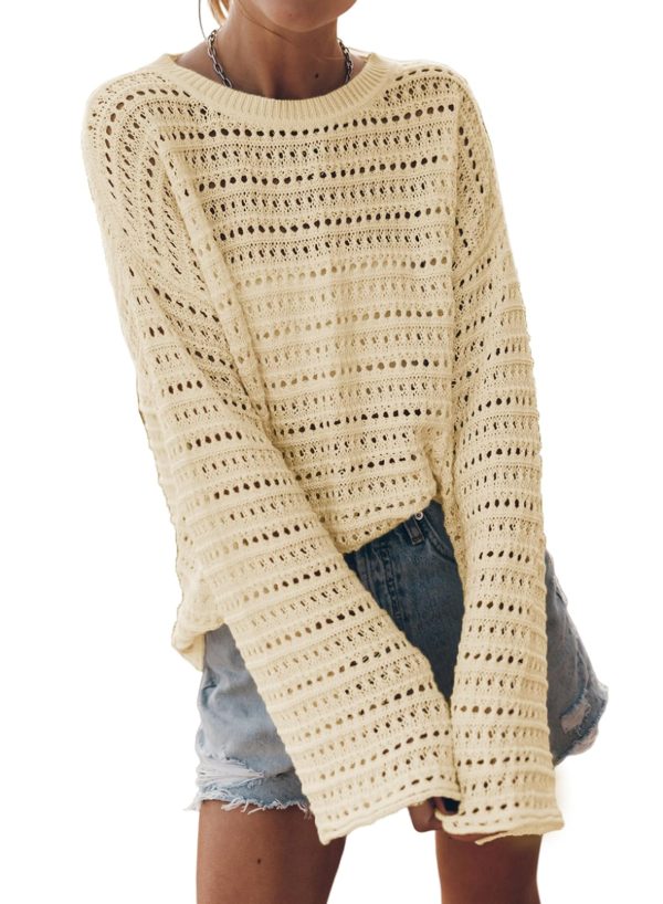 Womens Sweaters Lightweight Casual Long Sleeve Loose Crochet Hollow Out Knit Pullover Tops Clothing