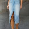 Straight High Rise Vintage Zipped up Wash Split Thigh Midi Denim Skirt Without Belt