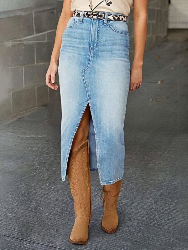71jkYyrBlqL.jpg Straight High Rise Vintage Zipped up Wash Split Thigh Midi Denim Skirt Without Belt