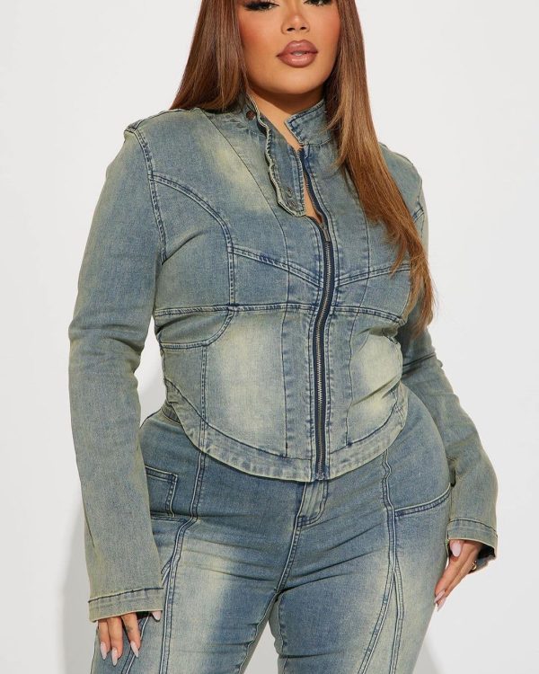 71kZ0Fs7LnL.jpg Women's Denim 2 Piece Set Long Sleeve Cropped Jacket Bodycon Pant 2 piece Outfits Vintage Y2K Fall Tracksuit