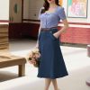 Women's Denim Skirts Vintage Elastic High Waist A-Line Long Maxi Jean Skirts with Pockets