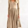 Womens Long Sleeve Midi Sweater Dress Wrap V Neck Pleated A Line Fit Flare Elegant Knit Maxi Dress