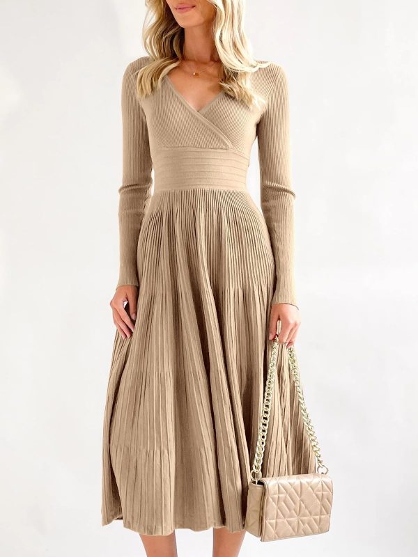 71m0m6KtATL.jpg Womens Long Sleeve Midi Sweater Dress Wrap V Neck Pleated A Line Fit Flare Elegant Knit Maxi Dress