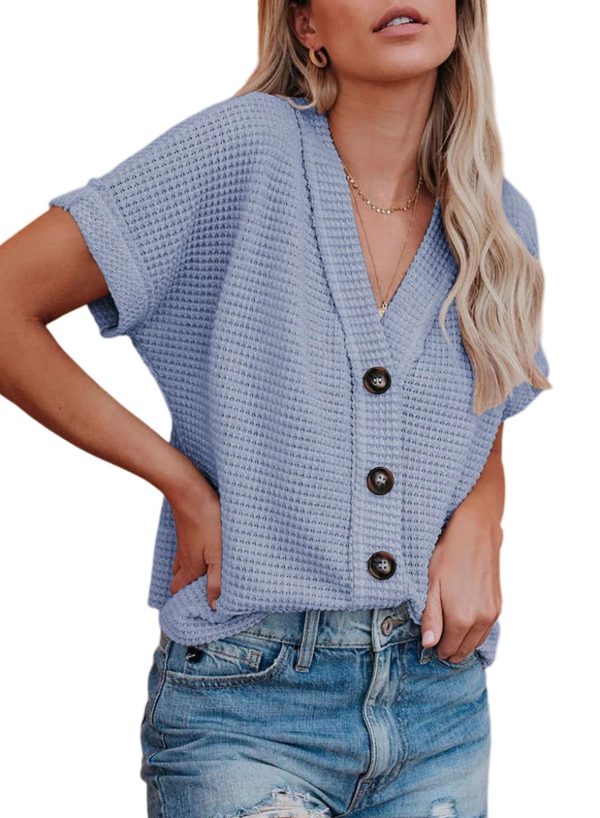 71o7sN8US2L.jpg Womens Summer Tops 2025 Waffle Knit Button Down Shirts Casual V Neck Short Sleeve Shacket Jacket Dressy Blouses