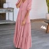 Women Summer Dresses Short Sleeves V Neck Button Drawstring Maxi Dresses Solid Color Boho Long Dresses