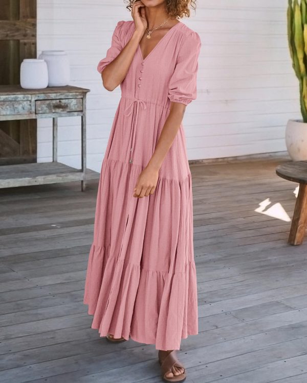 71pDawHV0qL.jpg Women Summer Dresses Short Sleeves V Neck Button Drawstring Maxi Dresses Solid Color Boho Long Dresses