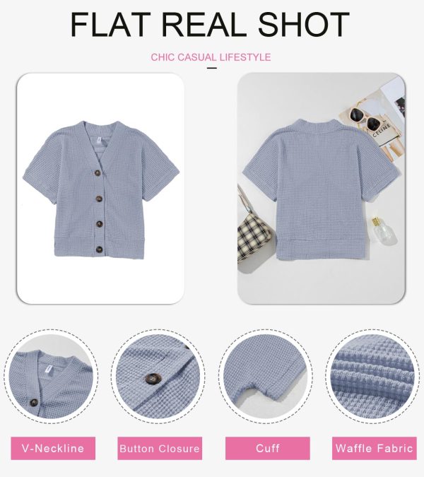 71qSLv9DHtL.jpg Womens Summer Tops 2025 Waffle Knit Button Down Shirts Casual V Neck Short Sleeve Shacket Jacket Dressy Blouses
