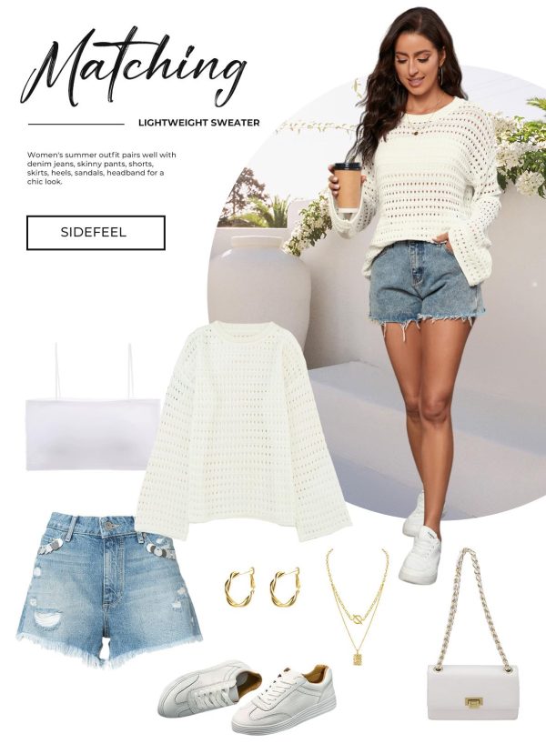 Womens Sweaters Lightweight Casual Long Sleeve Loose Crochet Hollow Out Knit Pullover Tops Clothing