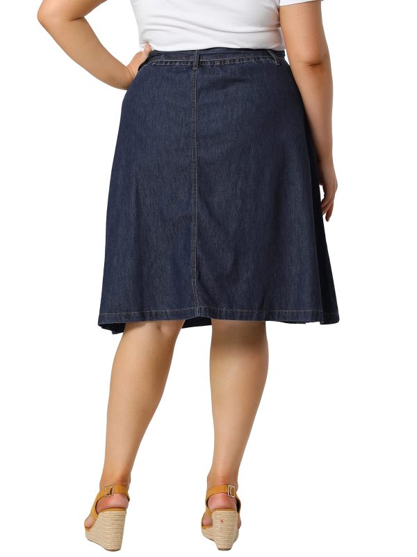 Plus Size Women's Denim Skirts Tie Waist A-Line with Pockets Midi Summer Jeans Skirts