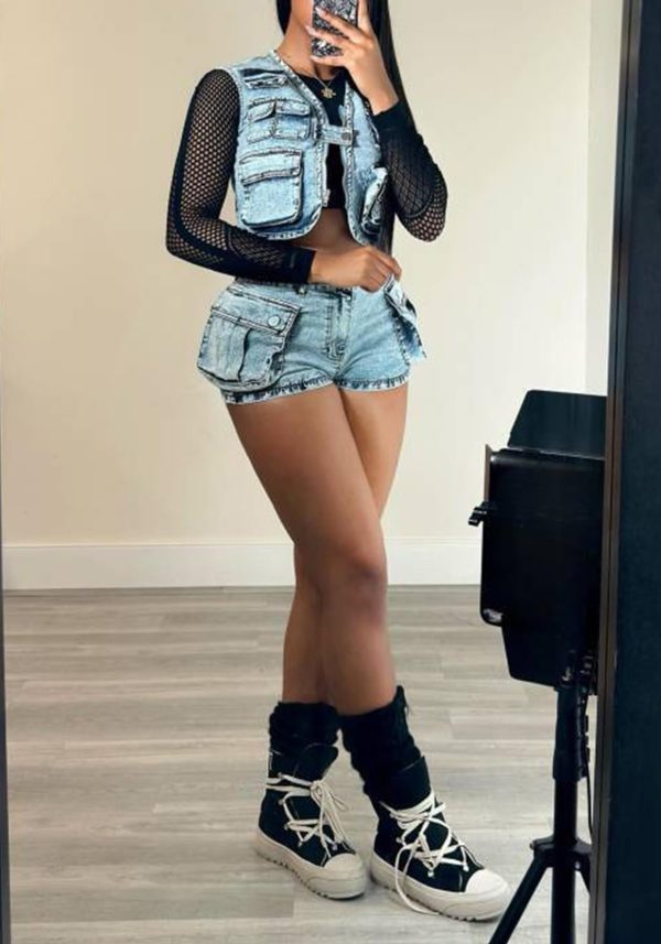 71sdGjOtI0L.jpg Denim Outfits for Women's 2 Piece Sets Summer Party & Club Cargo Vest Top and Stretchy Jean Shorts Sets 2025