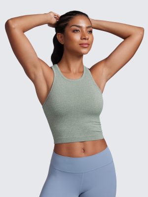 Womens Seamless Ribbed Longline High Neck Sports Bra - Racerback Padded Slim Fit Crop Tank Top with Built in Pads