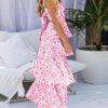 Womens Summer Floral Maxi Dresses Sleeveless Spaghetti Strap Tie Back Ruffle Tiered Flowy Dresses