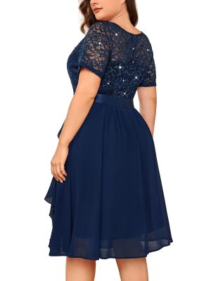 Women's Plus Size Sequins Lace Contrast Chiffon V Neck Flowy Cocktail Party Prom Midi Dress