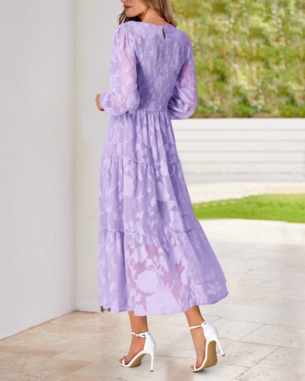 Casual Women's 2025 Spring Dresses Elegant Wedding Guest Dress Long Sleeve Floral Midi Dress Flowy Bohemian Long Dress