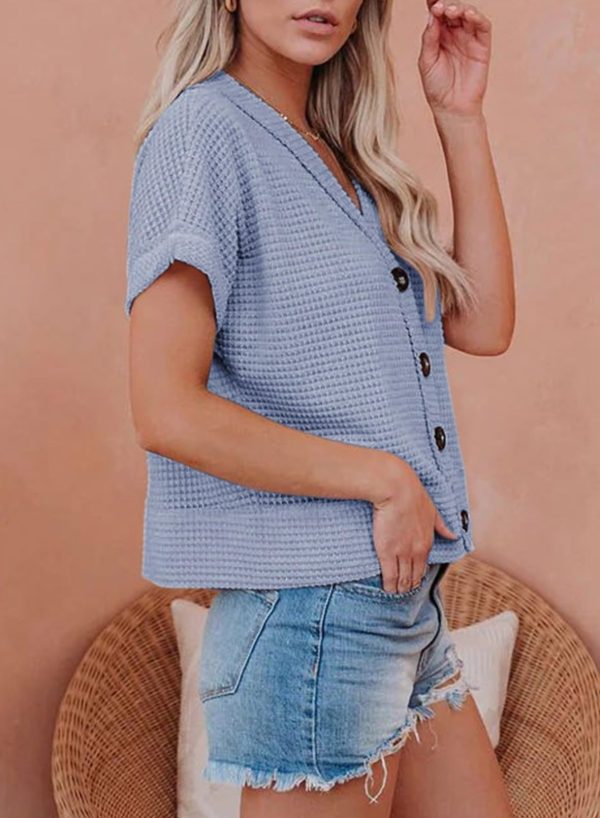 71uTZrqa9qL.jpg Womens Summer Tops 2025 Waffle Knit Button Down Shirts Casual V Neck Short Sleeve Shacket Jacket Dressy Blouses