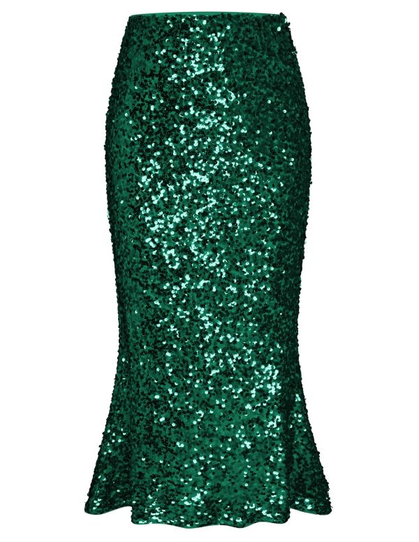 Women's Sequin Skirt Elastic High Waist Ruffled Hem Night Out Party Bodycon Midi Skirt