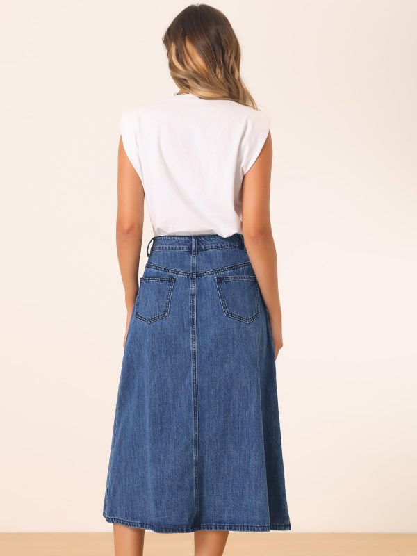 71w-DqKnDSL.jpg Long Jean Skirts for Women's High Waisted Flap Pocket A-Line Vintage Denim Maxi Skirt