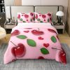 3D Cartoon Cherry Kids Duvet Cover 100% Cotton Queen Size,Botanical Leaves Love Heart Bedding Set for Girls Women,Tropical Fruit