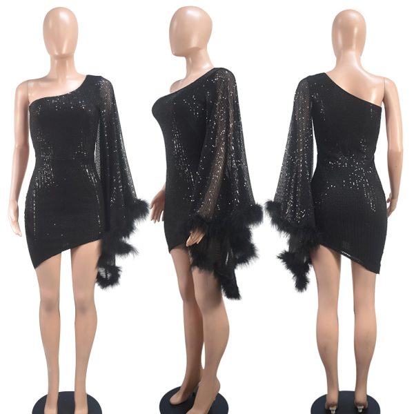 Women's Sexy Elegant Sequins Mesh See Through Bodycon Birthday Party Club Night Mini Dress