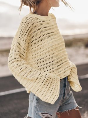Womens Sweaters Lightweight Casual Long Sleeve Loose Crochet Hollow Out Knit Pullover Tops Clothing