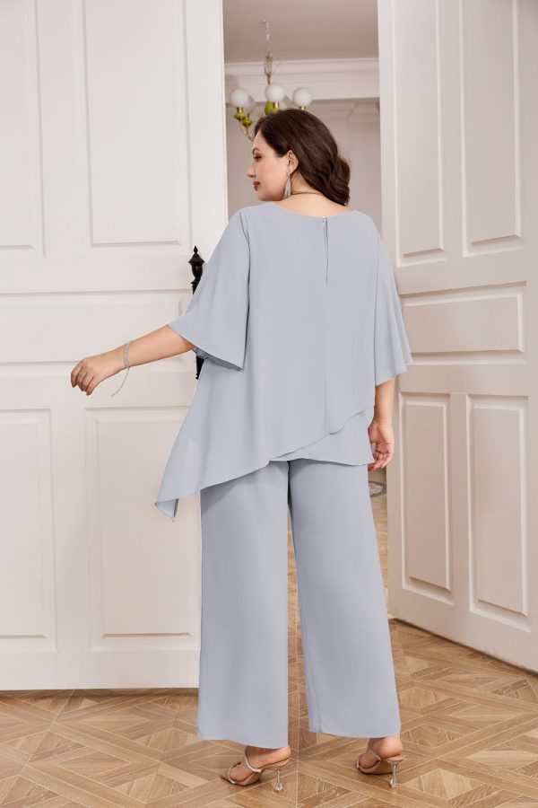 71zKYCsVRJL.jpg Plus Size Mother of Bride Pant Suits 2 Piece Chiffon Sets Ruffle Layers Wedding Guest Outfit