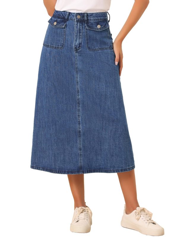 810-8RpbU7L.jpg Long Jean Skirts for Women's High Waisted Flap Pocket A-Line Vintage Denim Maxi Skirt