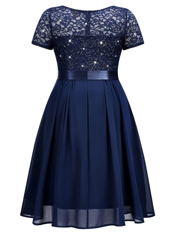 Women's Plus Size Sequins Lace Contrast Chiffon V Neck Flowy Cocktail Party Prom Midi Dress