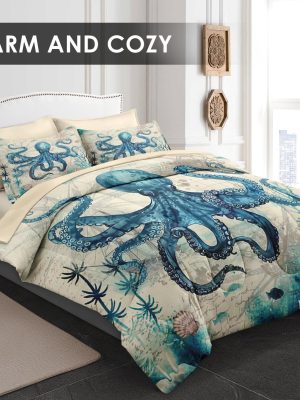 Comforter Set Queen Size, Octopus Beach 7 Pcs Bedding for Kids and Adults, Summer Sea Animal Bed Sheet Sets with Fitted Sheet 2