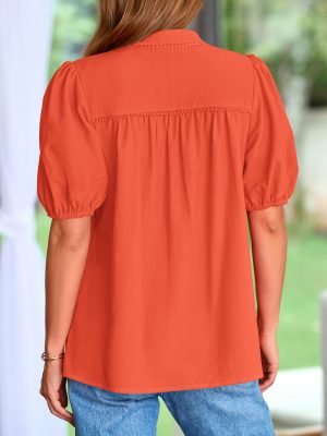 Womens Casual Summer Tops 2025 V Neck Short Puff Sleeve Pleated Cotton T Shirts Loose Dressy Blouses