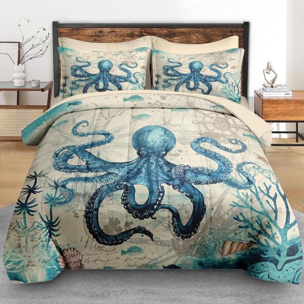 811pPwqGHmL.jpg Comforter Set Queen Size, Octopus Beach 7 Pcs Bedding for Kids and Adults, Summer Sea Animal Bed Sheet Sets with Fitted Sheet 2