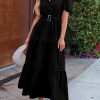 Women's Summer Maxi Dress Puff Short Sleeve Lapel V Neck Tiered A Line Flowy Elegant Party Dresses with Belt