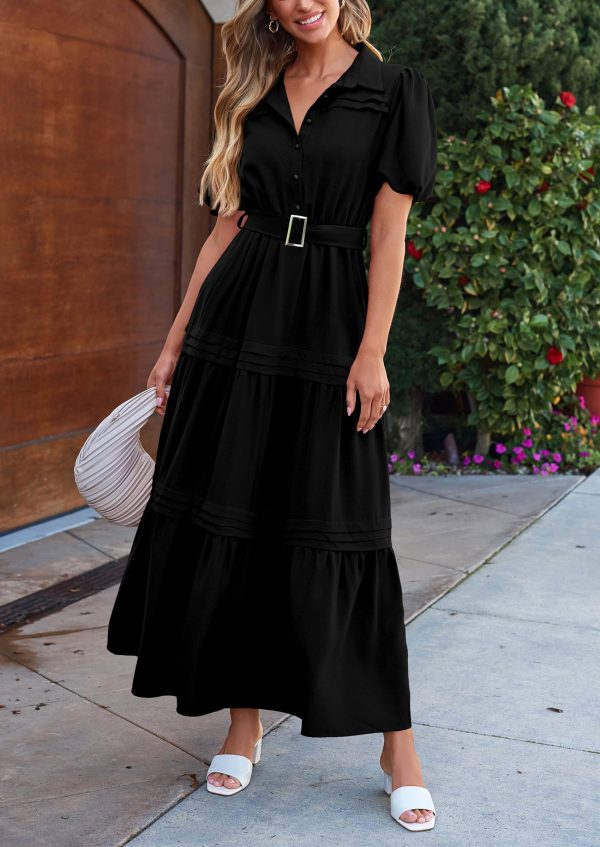 811wwch9k6L.jpg Women's Summer Maxi Dress Puff Short Sleeve Lapel V Neck Tiered A Line Flowy Elegant Party Dresses with Belt