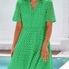 Women's Short Sleeve Mini Dress 2025 Summer V Neck Hollow Out Eyelet Ruffle A Line Swing Short Dresses