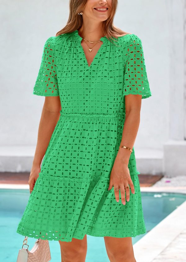 8122rIk-EqL.jpg Women's Short Sleeve Mini Dress 2025 Summer V Neck Hollow Out Eyelet Ruffle A Line Swing Short Dresses