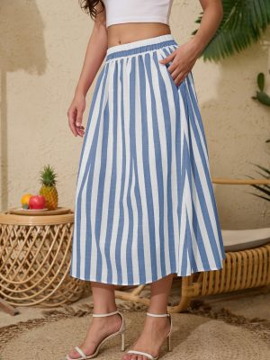 Women's Trendy Summer Casual Pleated Striped Maxi Flared Beach Skirt High Waist A-Line Flowy Midi Skirts Long Dresses