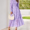 Casual Women's 2025 Spring Dresses Elegant Wedding Guest Dress Long Sleeve Floral Midi Dress Flowy Bohemian Long Dress