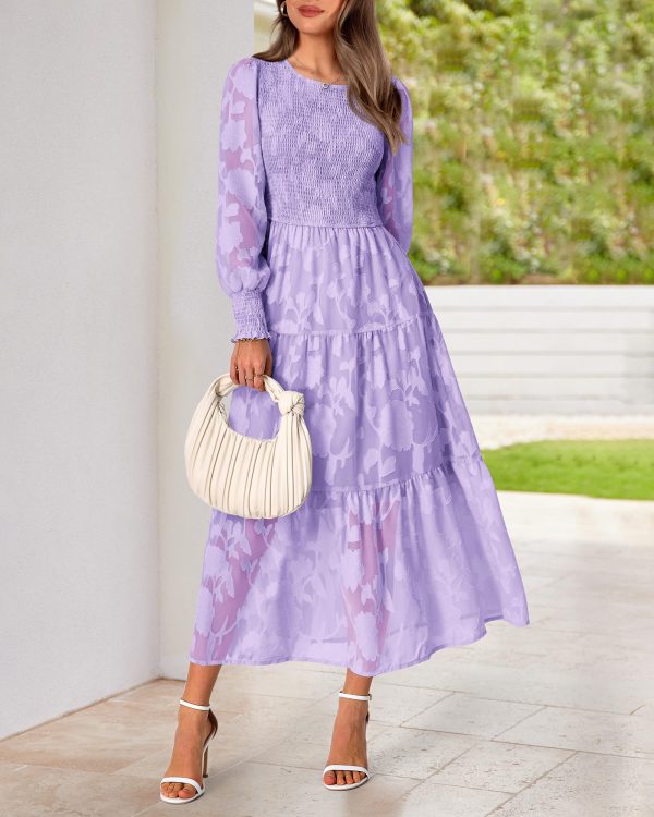 Casual Women's 2025 Spring Dresses Elegant Wedding Guest Dress Long Sleeve Floral Midi Dress Flowy Bohemian Long Dress